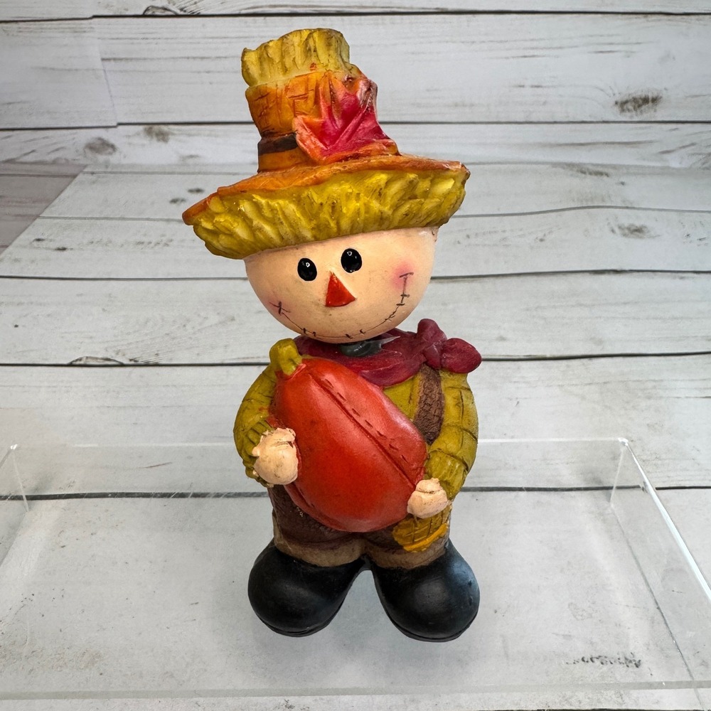 Halloween Scarecrow Bobblehead Boy Figure Holding Pumpkin 5" Fall Harvest Decor